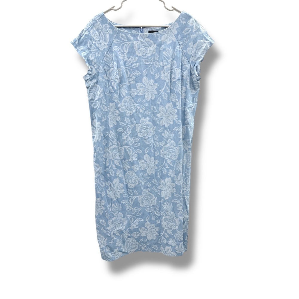 Ice Floral Jacquard Sheath Dress Women's 18W Blue‎ White Cap Sleeve Textured
